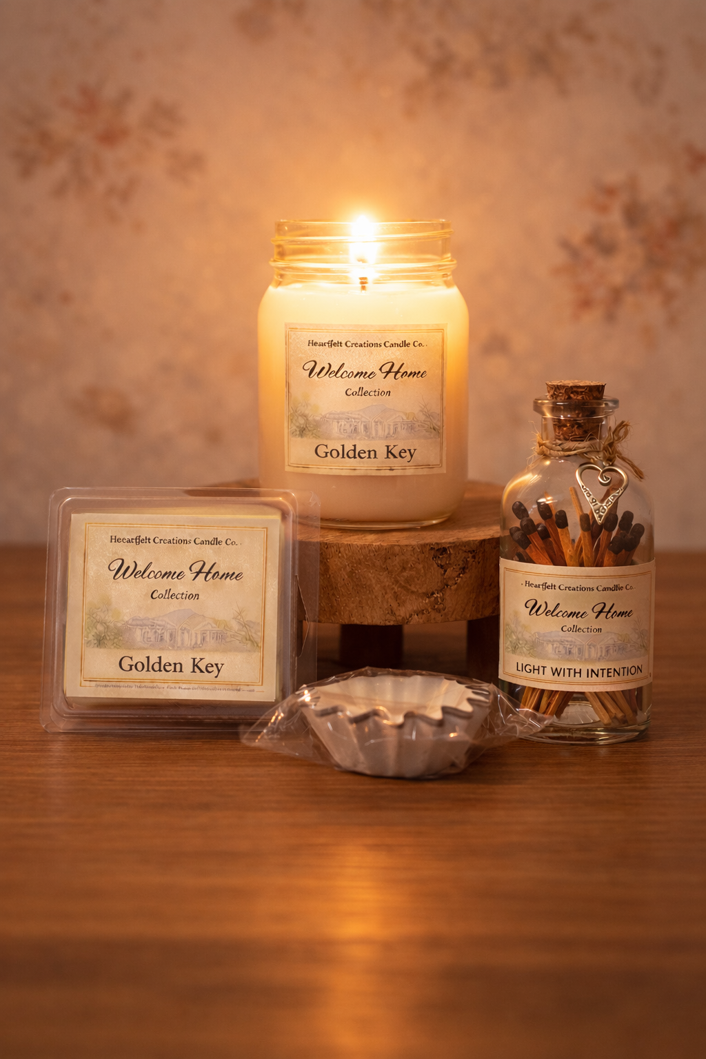 Welcome Home Collection - Golden Key ~ (Each)                       16 oz Candle, 4oz Wax Melt, Match Stick Jar, Wax Melt Liners