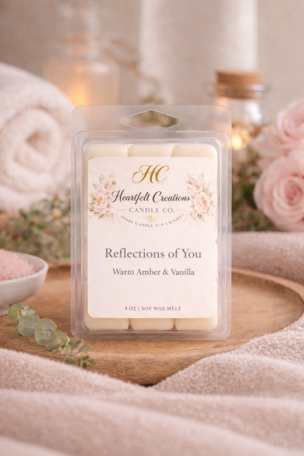 Reflections of You                            4 oz Wax Melt.                         Amber & Vanilla