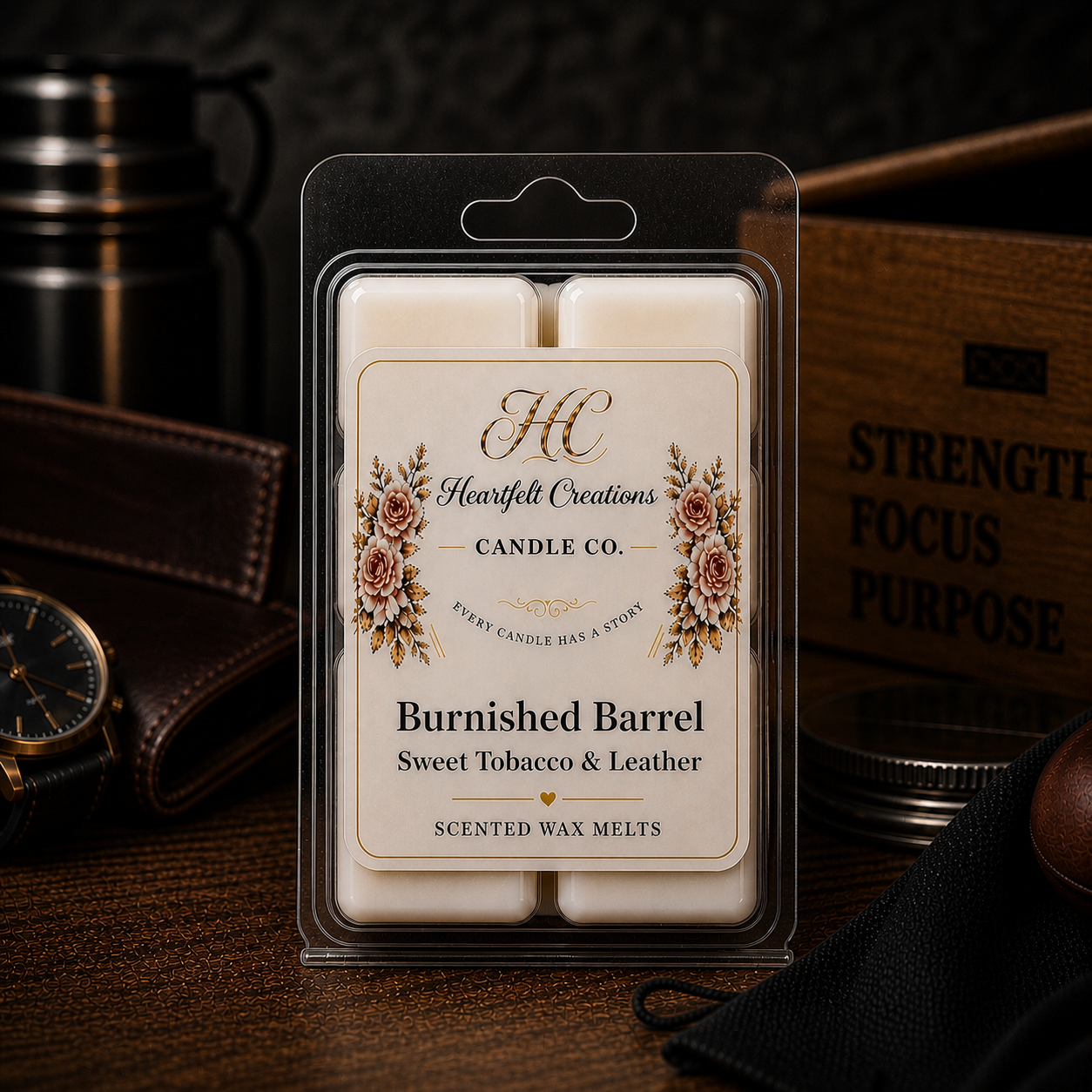 Burnished Barrel~                         4oz wax melt                               Sweet Tobacco & Leather.