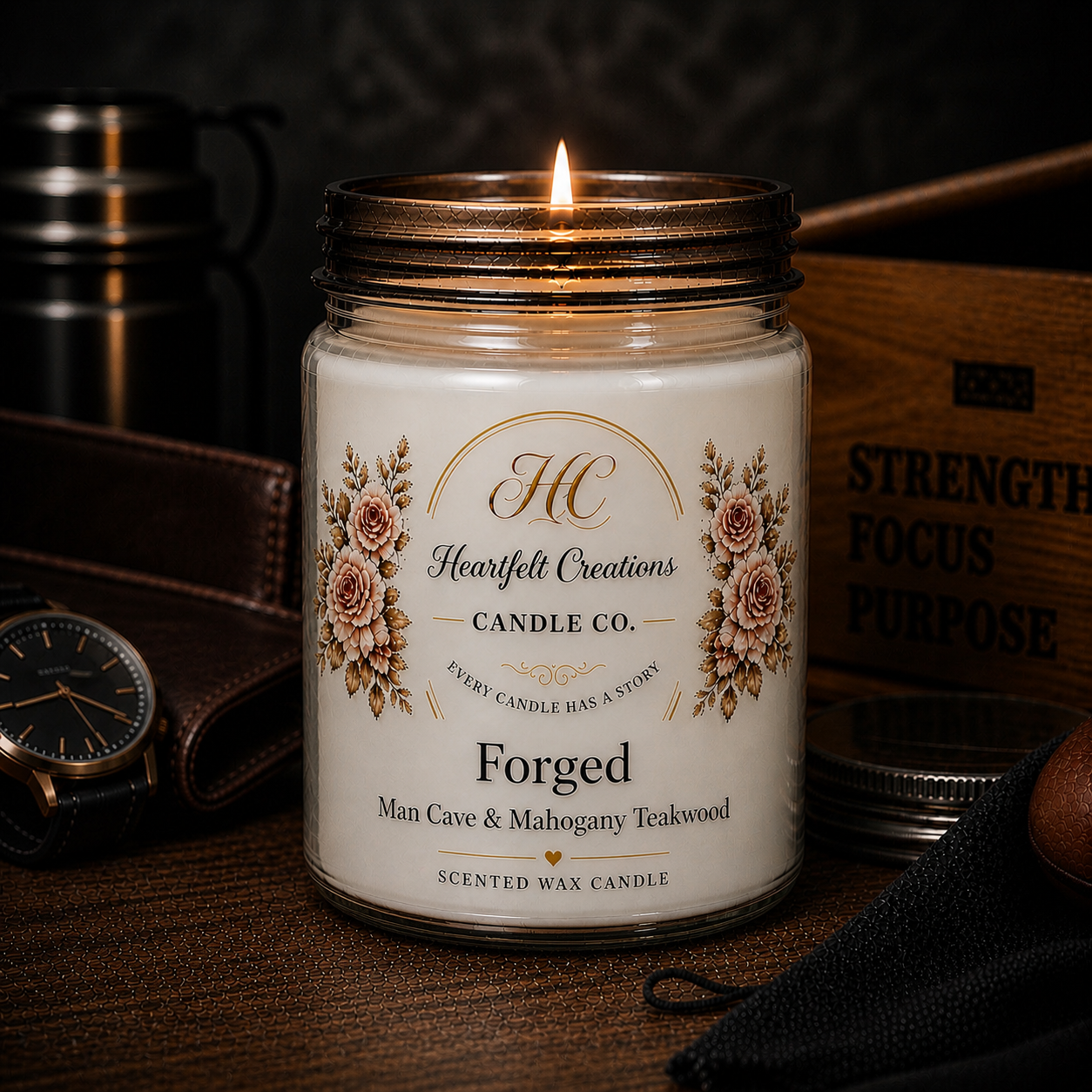 Forged ~                                           16 oz Candle.                                   Man Cave & Mahogany Teakwood.