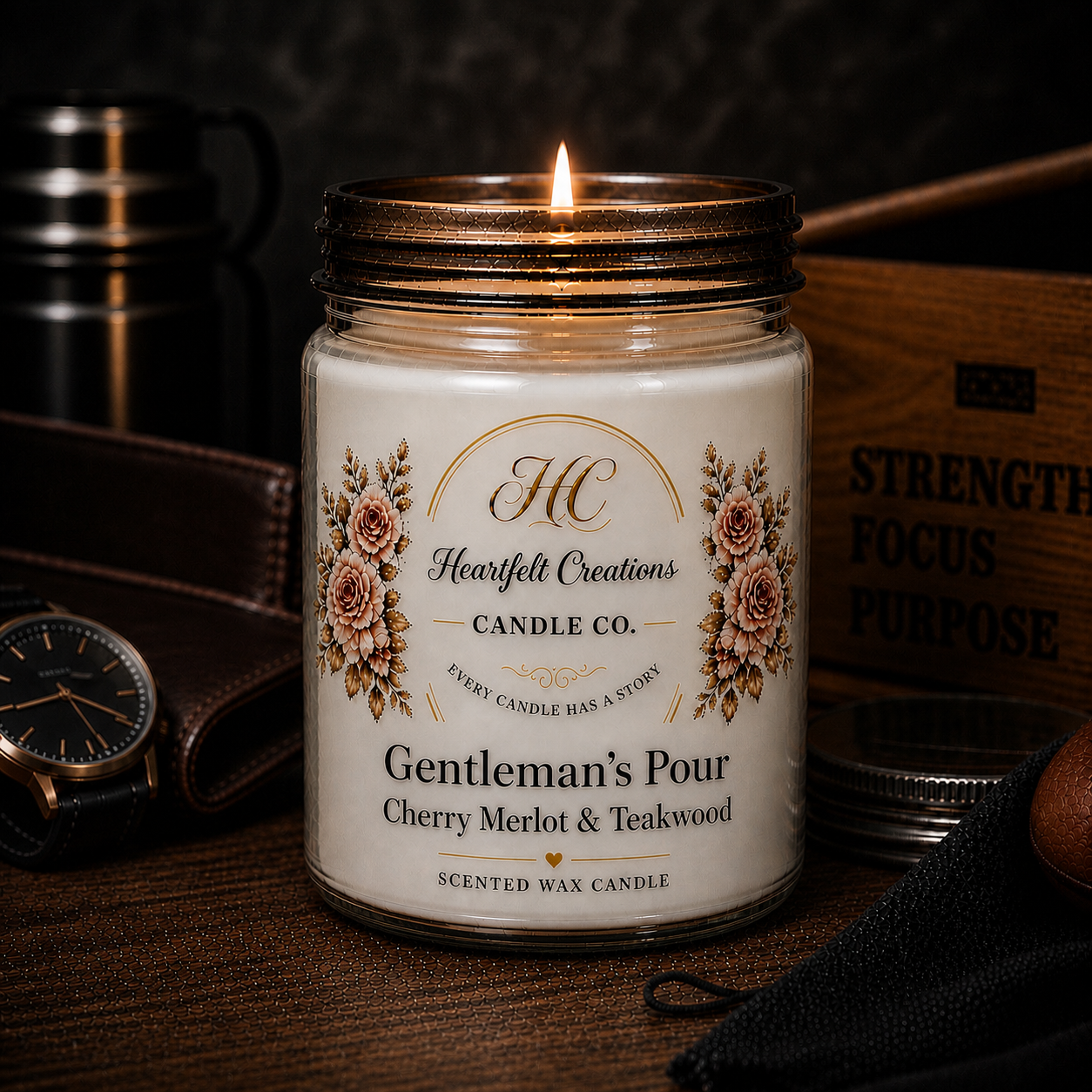 Gentlemen’s Pour~                          16 oz Candle                             Cherry Merlot & Teakwood.
