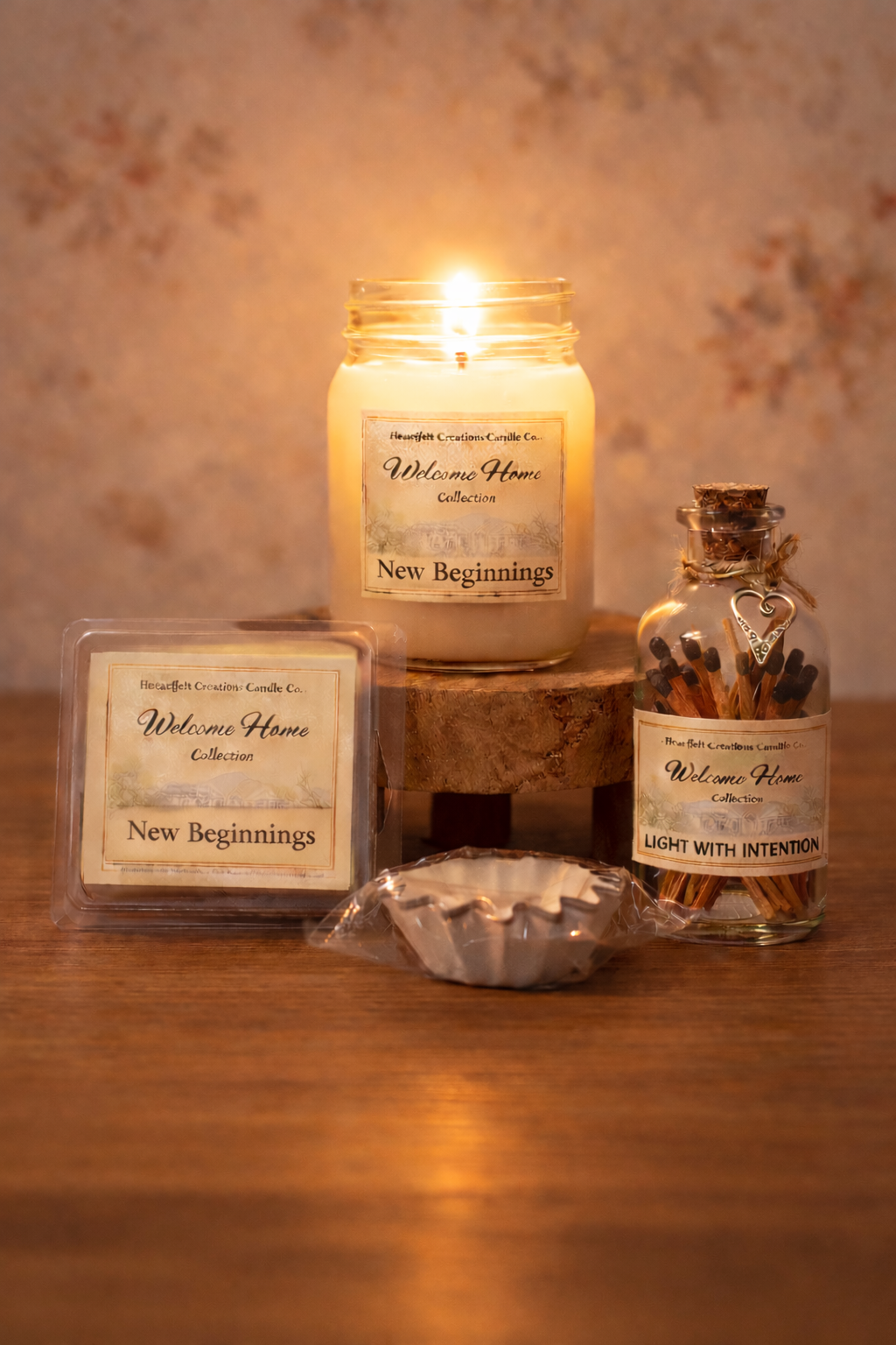 Candle, wax melts, and matches with 'New Beginnings' packaging on each vessel. 